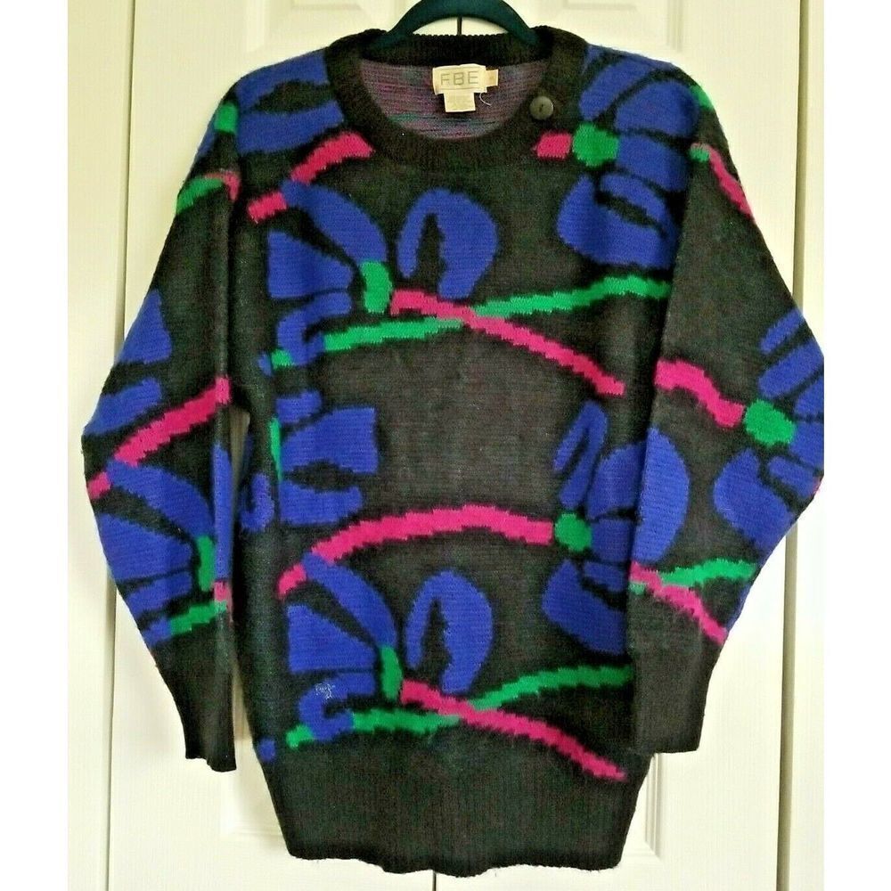 Fabe Vintage Medium Colorful Ribbons‎ Cowlneck Grandpa Sweater 1980's Funky